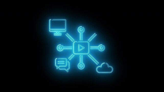 Neon blue graphic illustration of interconnected media and communication symbols on a black background with a glowing effect.