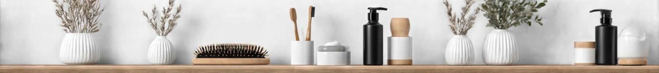 Bathroom shelf with assorted toiletries and decor