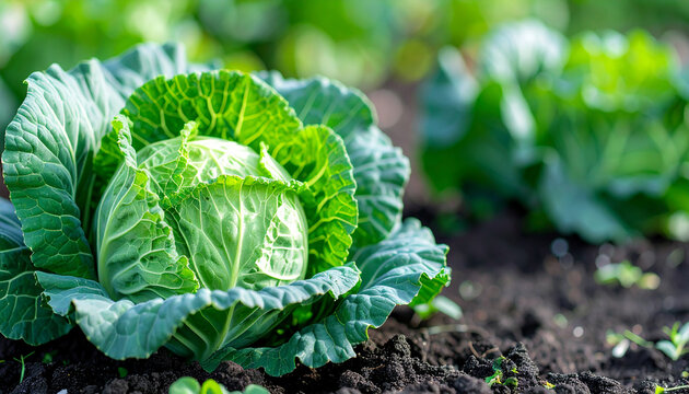 Freshly harvested cabbage on garden soil, organic farming, natural healthy vegetable, rich green leaves