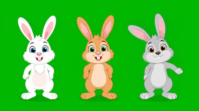 Three Cute Cartoon Rabbits Standing on Green Background.