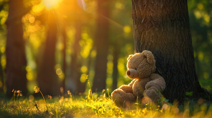 Title: Teddy Bear Sitting in Forest with Golden Light

