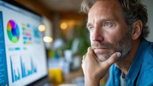 Man looking at computer screen analyzing trends, faceless analyst, generative AI decision-making tool, lifestyle computer display gazing, data visualization, defocused workspace, with copy
