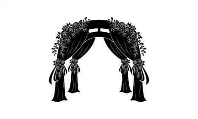 Elegant wedding arch silhouette with floral decorations and draped fabric.