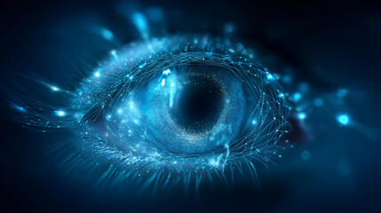 Abstract digital eye composed of luminous particles, connection data visualization sense, deep blue background setting, generative AI creation, not depicting real subjects, with copy space