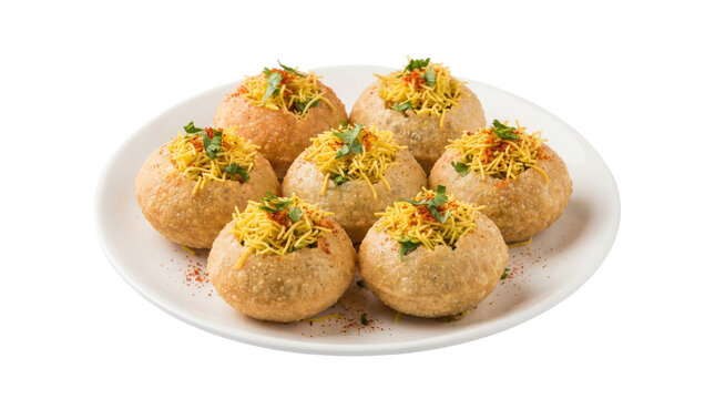 Traditional indian street food pani puri served on white plate with spicy potato filling sev