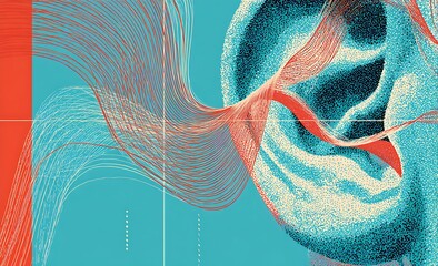 Ear with sound waves on blue.