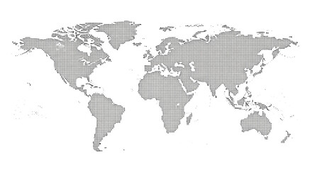 Fototapeta premium Minimalist world map of continents (North America, South America, Europe, Asia, Africa, Australia) formed by tiny black dots, against a transparent background with copy space, concept of global