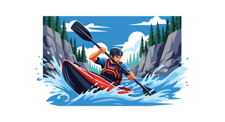 Young man kayaking through wild river rapids, modern vector illustration highlighting extreme water adventure, adrenaline, focus, and outdoor exploration spirit © meeblues