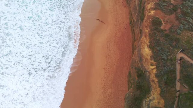 Aerial shoot of Twelve Apostles coastline from drone at sunset from Gibson Steps, Australia