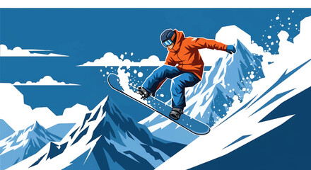 Young man snowboarding down steep mountain slopes, modern vector illustration showing winter sport adrenaline, speed, strength, and extreme adventure energy © meeblues