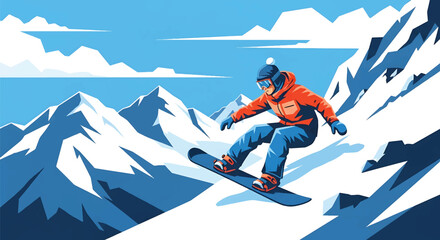 Young man snowboarding down steep mountain slopes, modern vector illustration showing winter sport adrenaline, speed, strength, and extreme adventure energy © meeblues