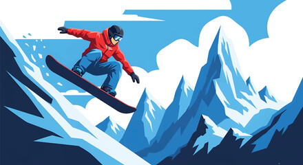 Young man snowboarding down steep mountain slopes, modern vector illustration showing winter sport adrenaline, speed, strength, and extreme adventure energy © meeblues