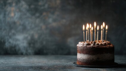 Chocolate birthday cake with lit candles