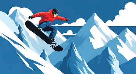 Young man snowboarding down steep mountain slopes, modern vector illustration showing winter sport adrenaline, speed, strength, and extreme adventure energy © meeblues