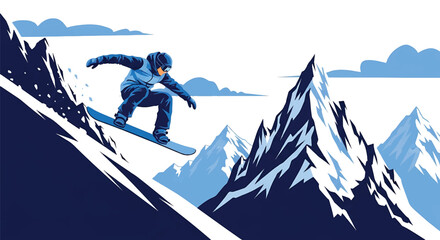 Young man snowboarding down steep mountain slopes, modern vector illustration showing winter sport adrenaline, speed, strength, and extreme adventure energy © meeblues