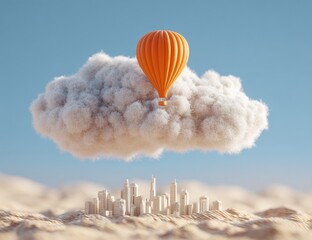 Orange hot air balloon floats above fluffy cloud over city