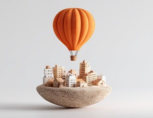 Orange hot air balloon above miniature city on a stone