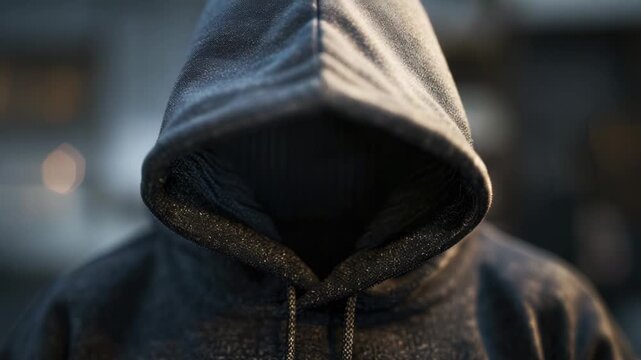 Video A person wearing a black hoodie with a hood up, great for use in scenes where someone is trying to remain anonymous or unnoticed