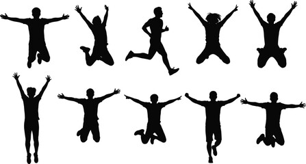Jumping people silhouette collection showing joyful men and women celebrating, running, and leaping in energetic poses isolated on white background