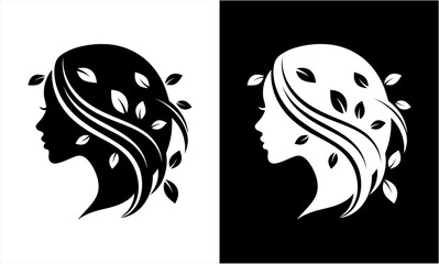Elegant Woman Silhouette with Flowing Hair and Leaves.