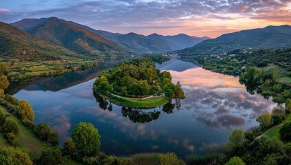 Serene lake island at sunrise