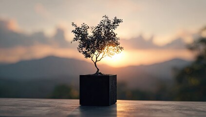 Small bonsai tree in a dark cube planter at sunset