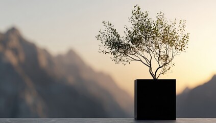 Small tree in black cube pot, mountain backdrop