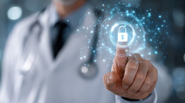 Doctor's hand touching a digital padlock icon representing healthcare data security and privacy