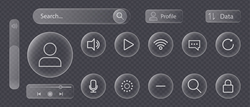 Glassmorphism user interface elements set with translucent glossy frosted style , frosted glass buttons with icons for multimedia search and profile, futuristic web interface collection with vector gr