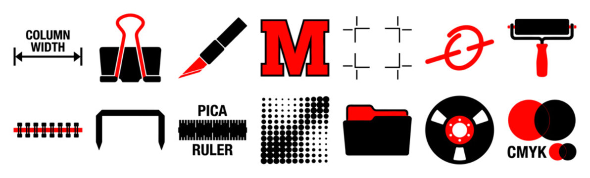 Minimalist Graphic Design and Print Production Symbol Asset Sheet for Retro Publishing and Editorial Workflows