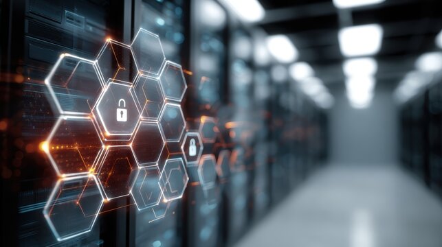Digital security network overlay with lock icons in a modern data center server room