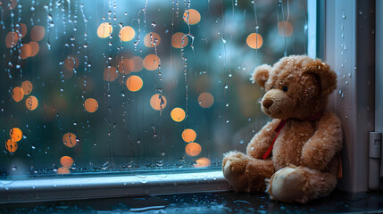 Title: Teddy Bear Looking Through Window with Light Bokeh
