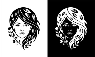 Elegant Woman with Flowing Hair and Floral Accents Vector Illustration.