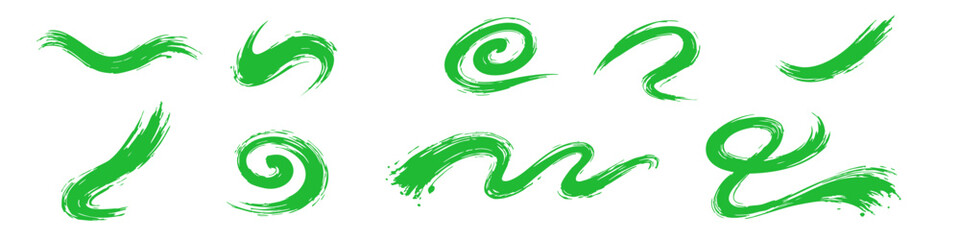 Set of colorful hand-drawn textured paint brush strokes, swirls, and waves on white background. Abstract artistic design elements for creative work.