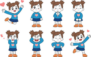Cute Cartoon Girl Character Set  Eight Happy Emotions and Poses © MSTZOWRON