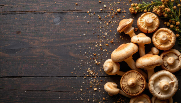 create a flat lay or top view image featuring shiitake mushrooms under sparkling light, position the mushrooms on the right side of the frame with ample copy space on the left side