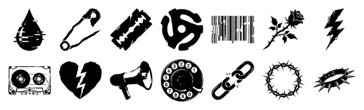 Grungy Punk Rock and Underground Alt Culture Graphic Asset Sheet for Dark Alternative Design