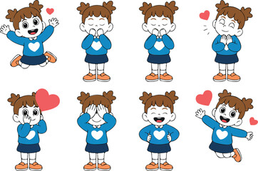 Cute Cartoon Girl Character Set  Eight Happy Emotions and Poses © MSTZOWRON