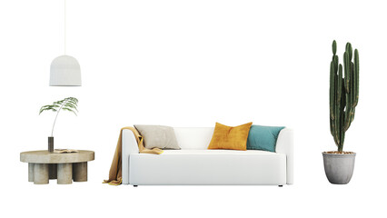 Interior furniture set 3D render. Living room house floor template minimal cozy mockup design , isolated on transparent background