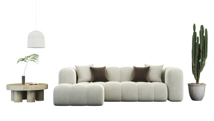 Interior furniture set 3D render. Living room house floor template minimal cozy mockup design , isolated on transparent background