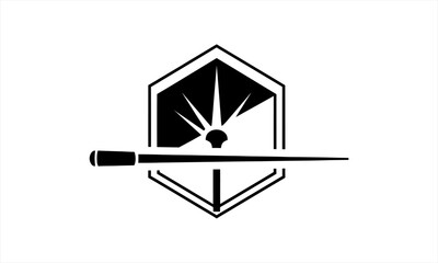 Magic wand with starburst in hexagonal shield logo design.
