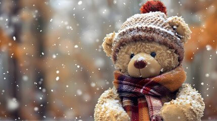Title: Teddy Bear in Snowfall with Warm Winter Clothing
