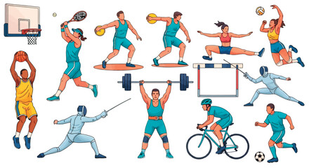 Fototapeta premium Dynamic flat design illustration of athletes in action across multiple sports including basketball tennis volleyball weightlifting and soccer