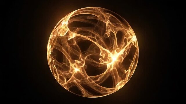 Glowing orange orb with intricate network of swirling lines and bright spots on black background