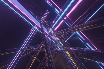 Abstract Neon Light Tubes Intersecting in Dark Space