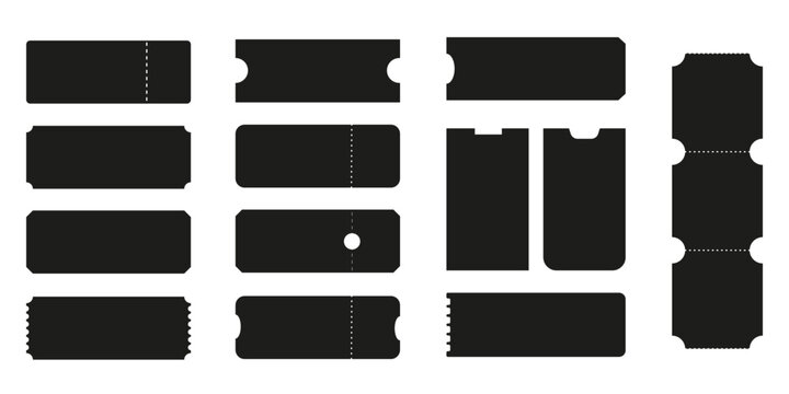 Set of blank ticket templates in various shapes and sizes. Editable vector design with perforation lines, isolated on white background.