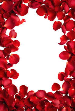 Frame made of red rose petals on transparent background with copy space