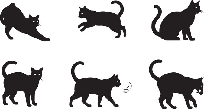 Six black cat silhouettes in various playful poses Vector