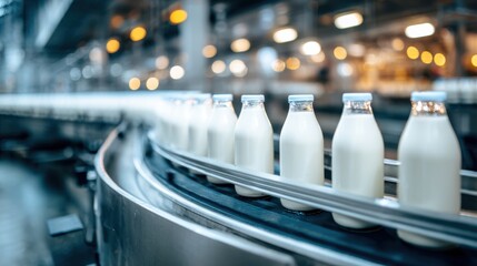 Industrial milk production line with glass bottles moving on a conveyor belt in a dairy processing plant © Pixels by Nazrul