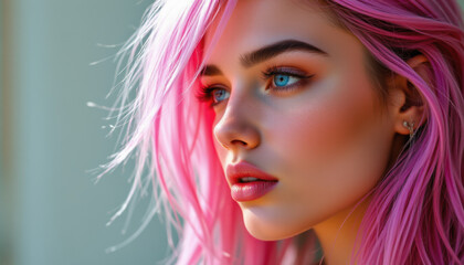 Fototapeta premium create a photo of a young woman with daring color hair positioned on the left side of the image, the subject should be under the midday sun and bathed in pearl white tones